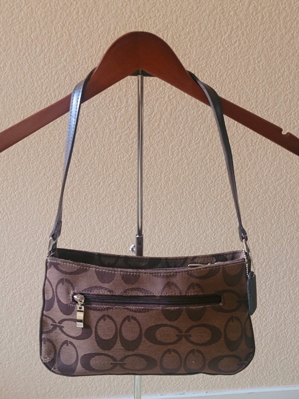 Coach Brown Signature Jacquard Small Shoulder Bag with Dark Brown Trim